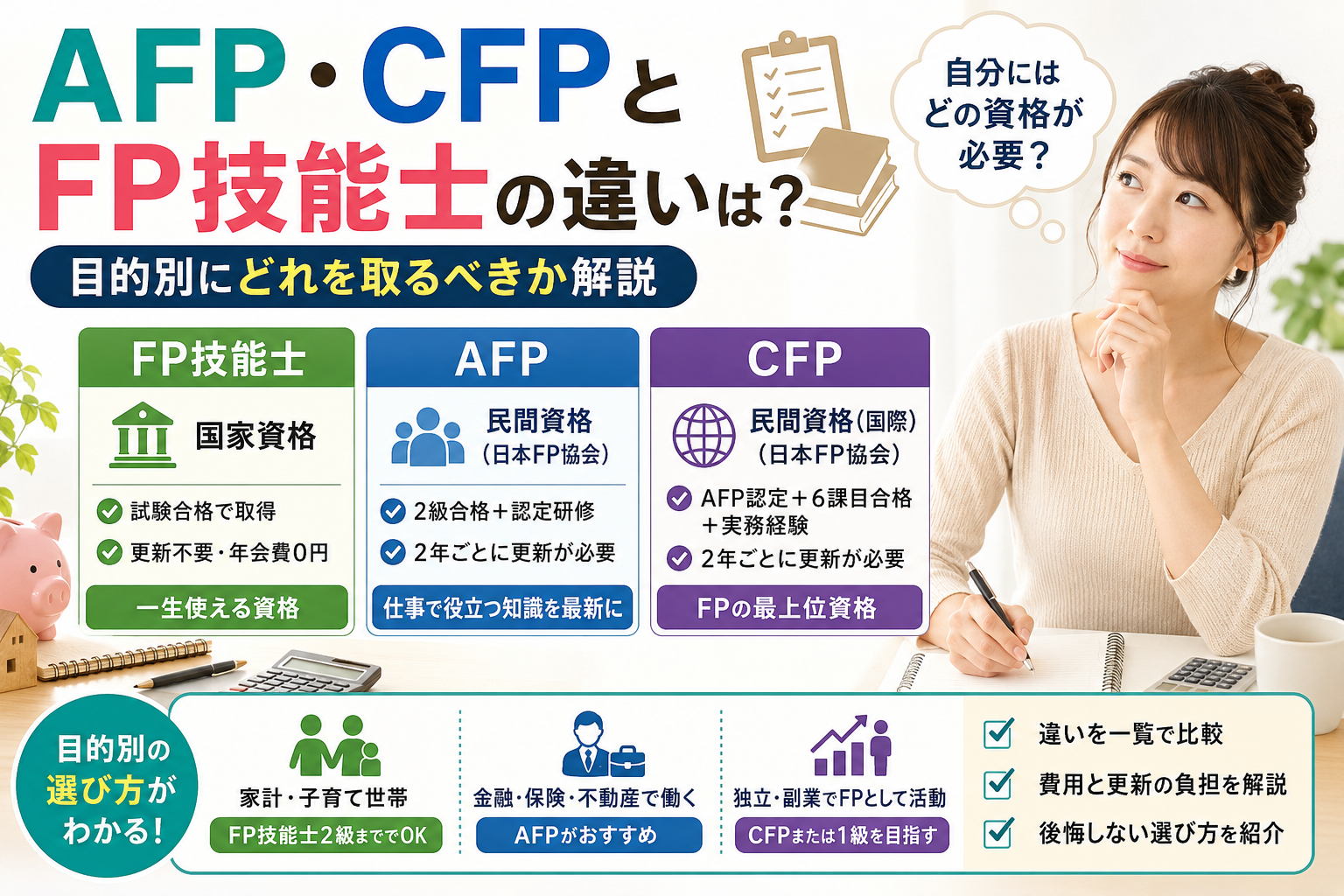 AFP・CFPとFP技能士の違いを比較し、目的別にどの資格を取るべきかを解説する