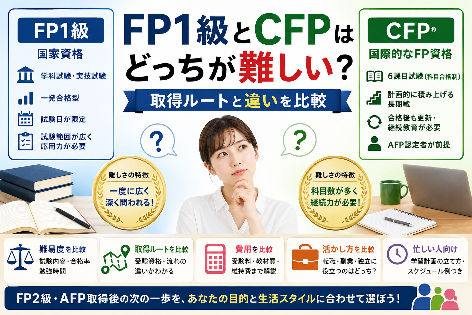 FP1級とCFPはどっちが難しいか、取得ルートや合格率の違いを比較
