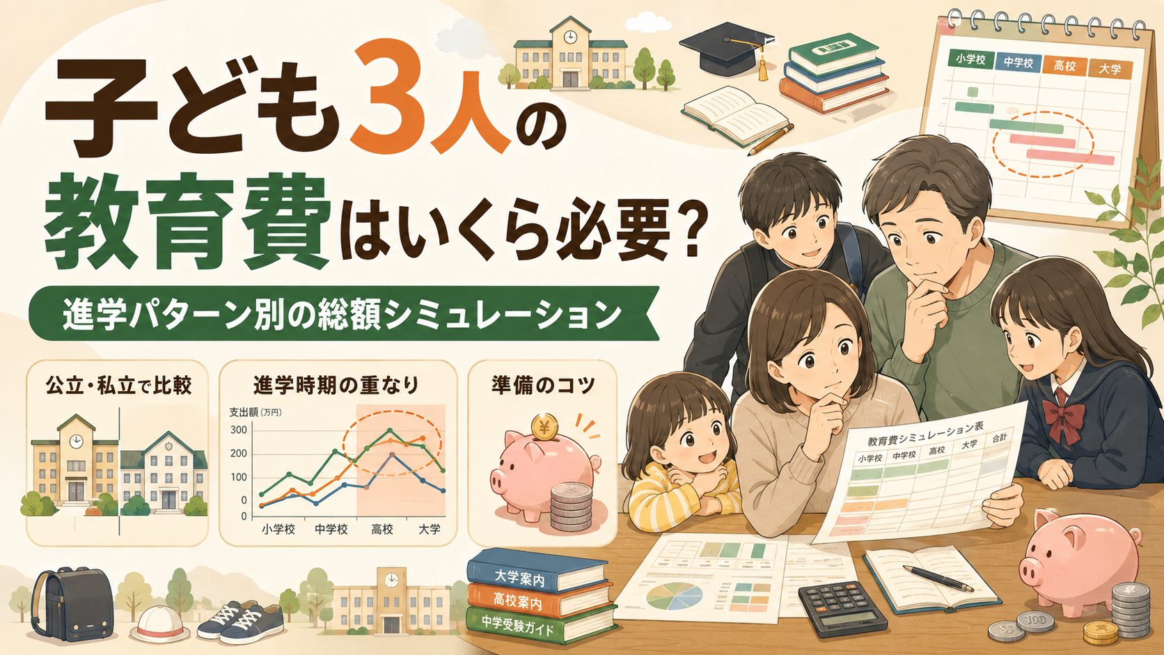 子ども3人の教育費を、公立・私立などの進学パターン別に総額シミュレーションして比較