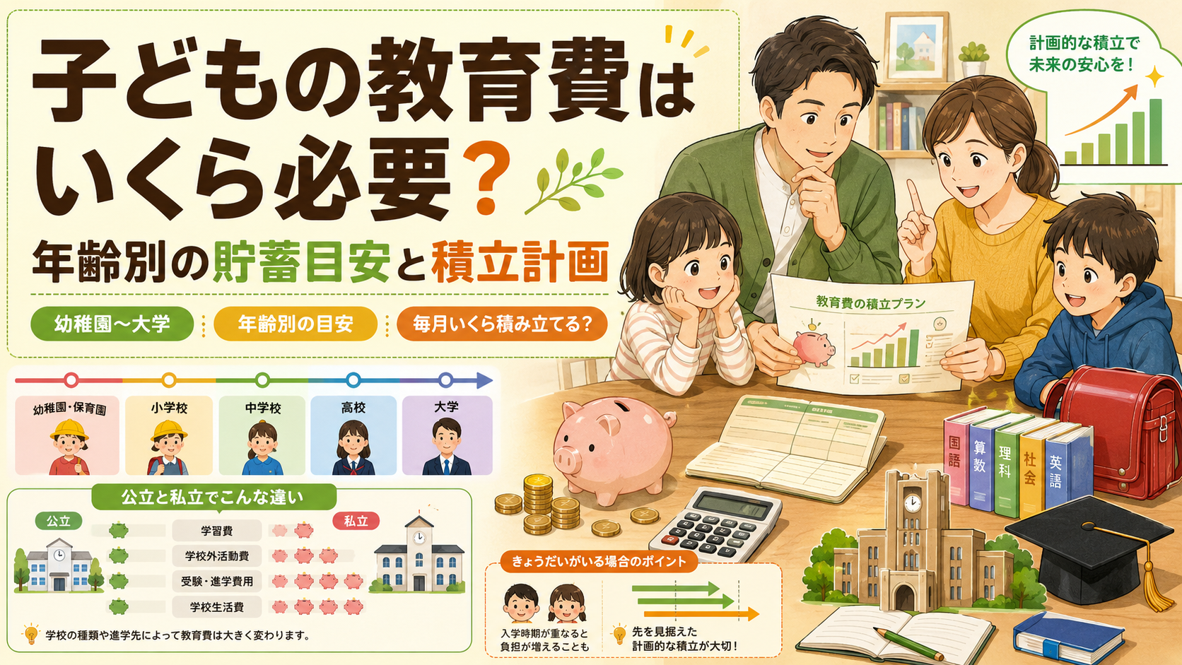 子どもの教育費について、幼稚園から大学までの年齢別貯蓄目安と毎月の積立計画を解説