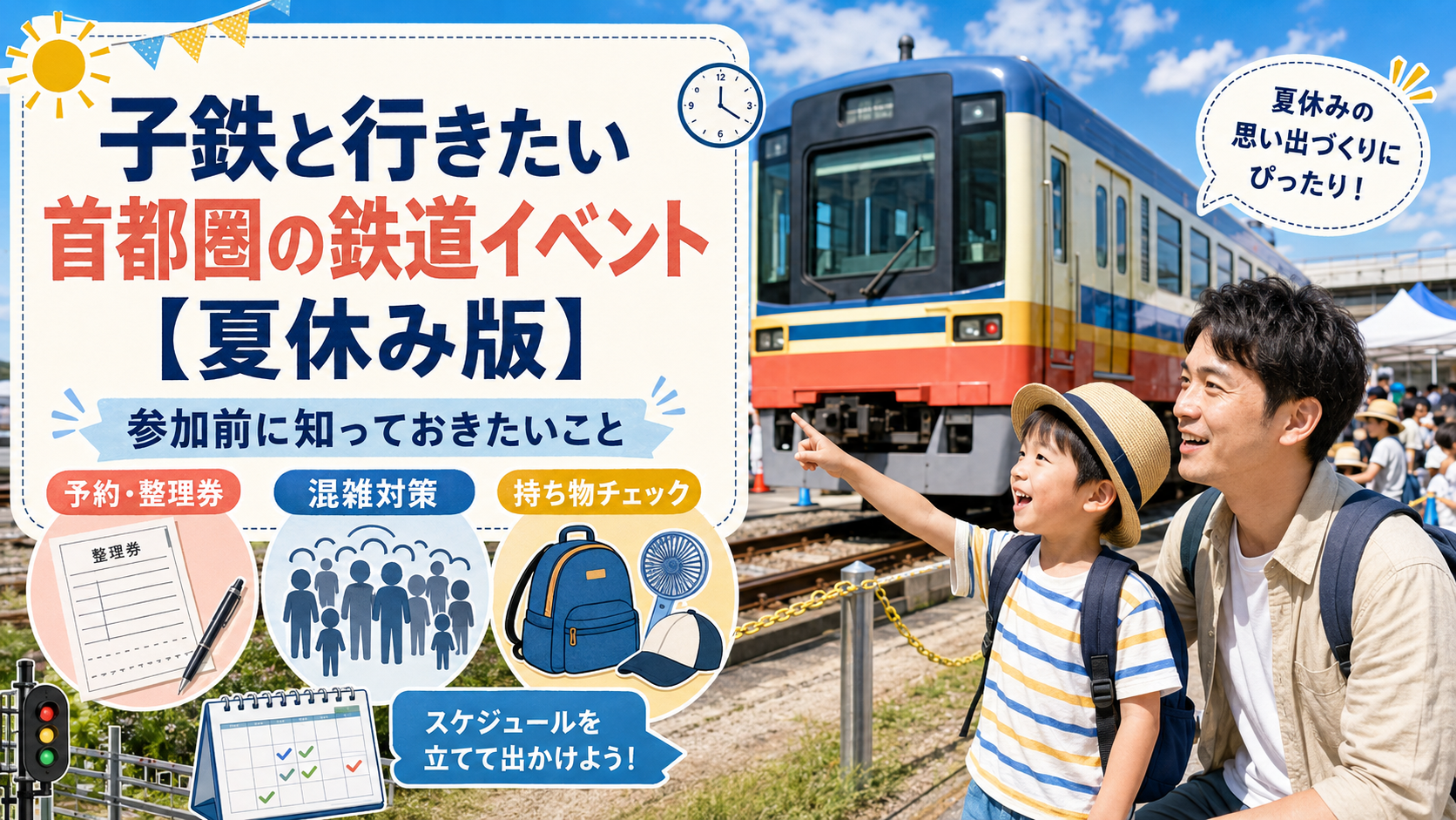 夏休みの首都圏鉄道イベントを楽しむ子鉄親子と、予約・整理券、混雑対策、持ち物チェックを紹介