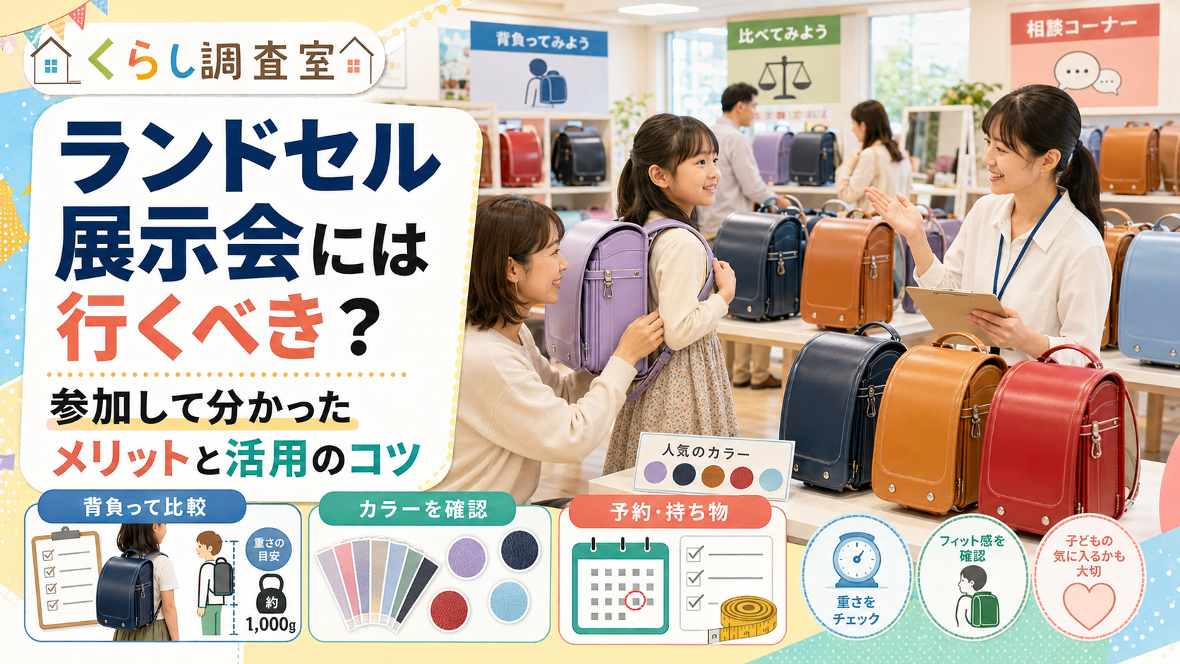 ランドセル展示会で子どもが実際に背負い、カラーやフィット感を比較しながらスタッフに相談する様子