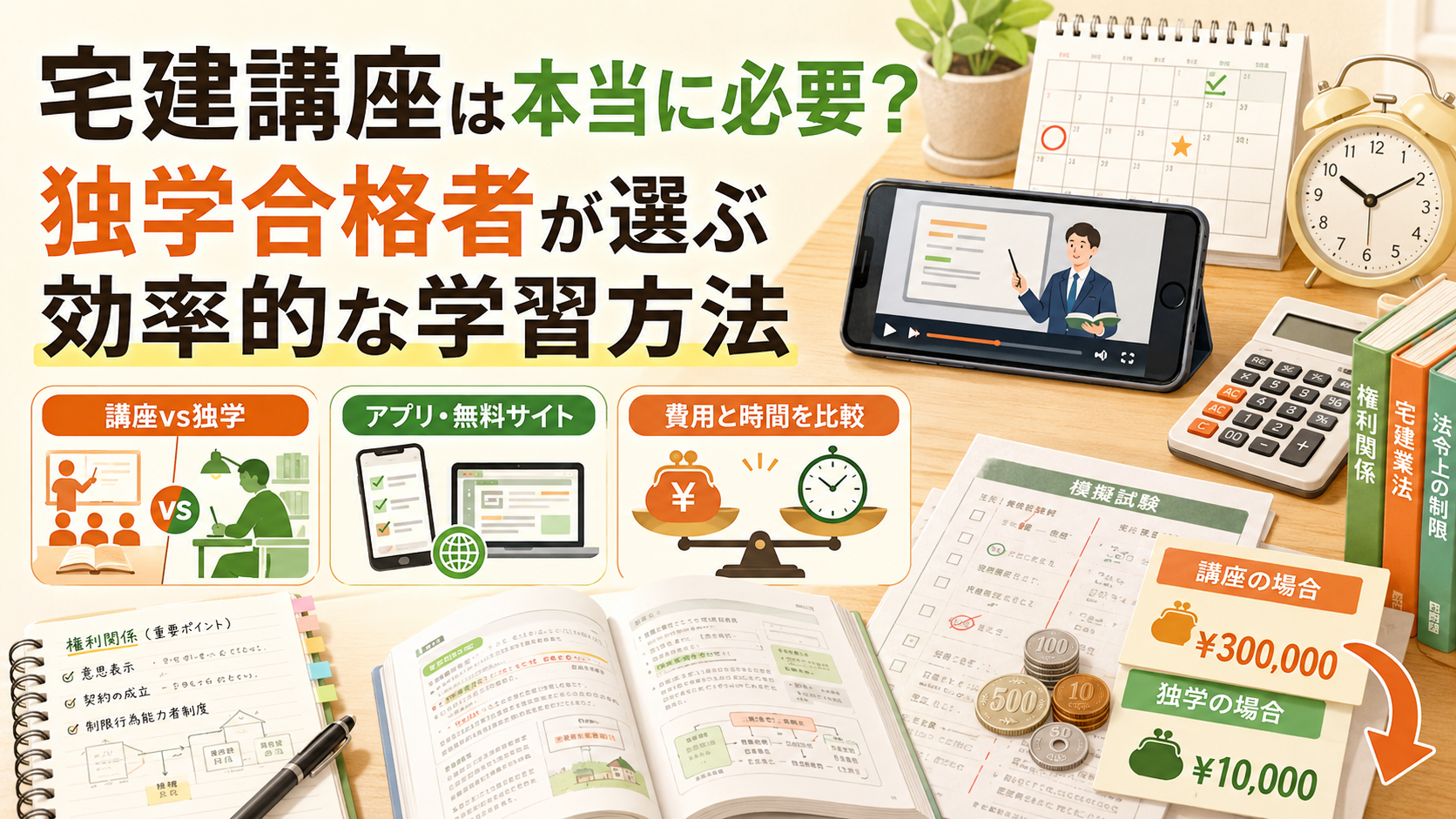 宅建講座と独学を比較し、アプリや無料サイトを活用した効率的な学習方法と費用を解説