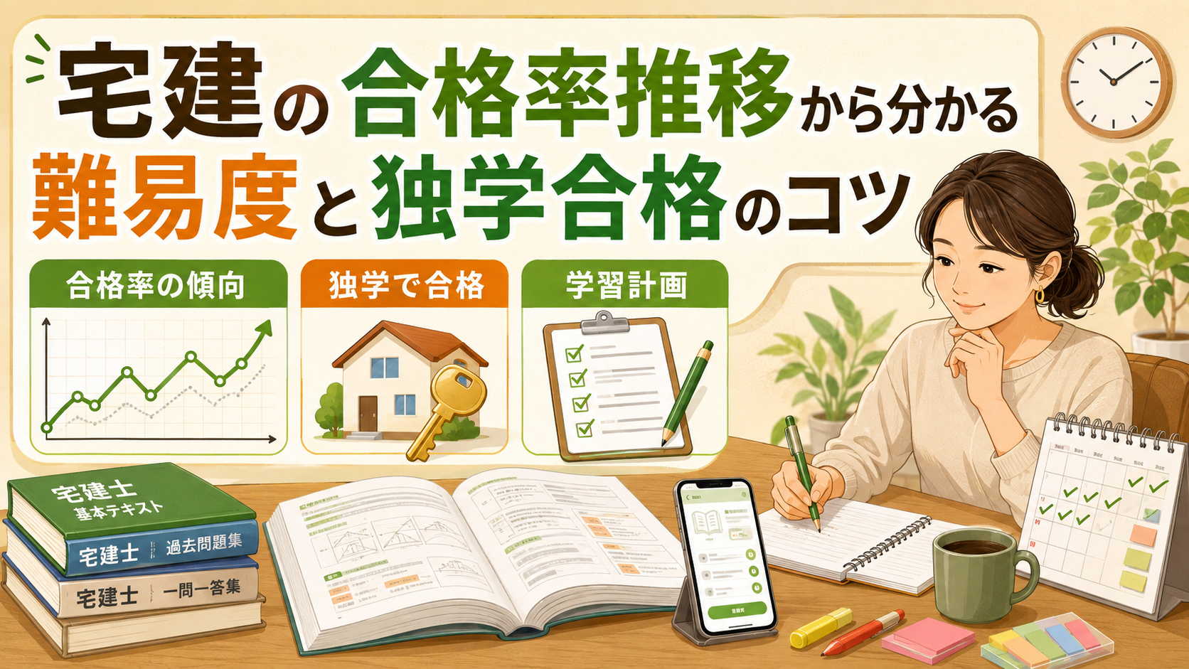 宅建の合格率推移から難易度を分析し、独学合格に必要な教材選びと学習計画のコツを解説